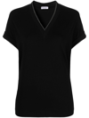 Brunello Cucinelli Black V-neck T-shirt With Monile Detail In Stretch Cotton Woman  In Nero