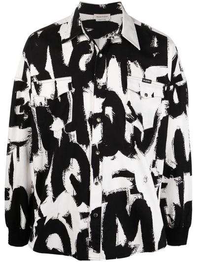 Alexander Mcqueen Exploded Graffiti Denim Overshirt In White Black