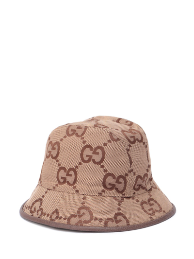 Gucci `jumbo Gg` Canvas Bucket Hat In Marrone