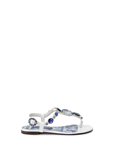 Dolce & Gabbana Patent Leather Thong Sandals With Embroidery In White