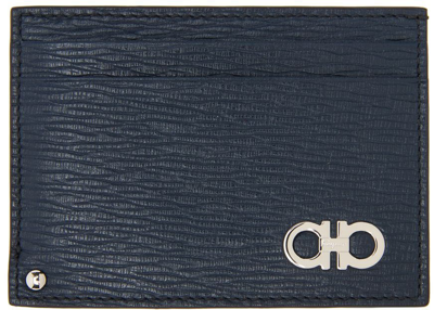 Ferragamo Gray Revival Gancini Card Holder In Blue,black