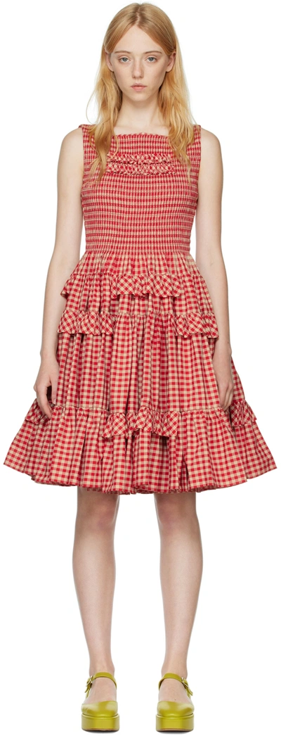 Molly Goddard Helen Gingham Shirred Tiered Cotton Dress In Red