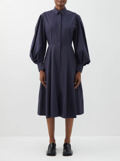 Another Tomorrow Balloon-sleeve Organic-cotton Poplin Shirt Dress In Blue