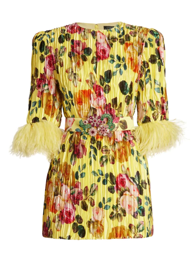 Andrew Gn Floral Feather-sleeve Minidress In Yellow Floral