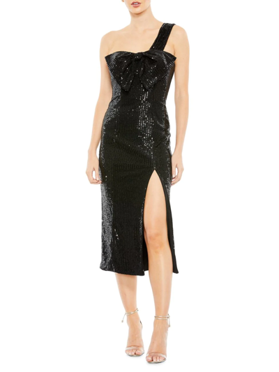 Mac Duggal Embellished One Shoulder Bow Dress In Black