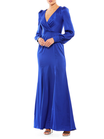 Mac Duggal Empire Long Sleeve Satin Trumpet Gown In Royal
