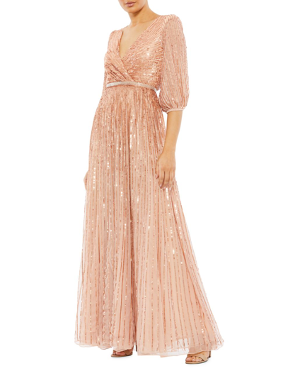 Mac Duggal Metallic Puff-sleeve Gown In Apricot