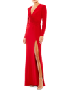 Mac Duggal Ruched Jersey Long Sleeve Column Gown In Red