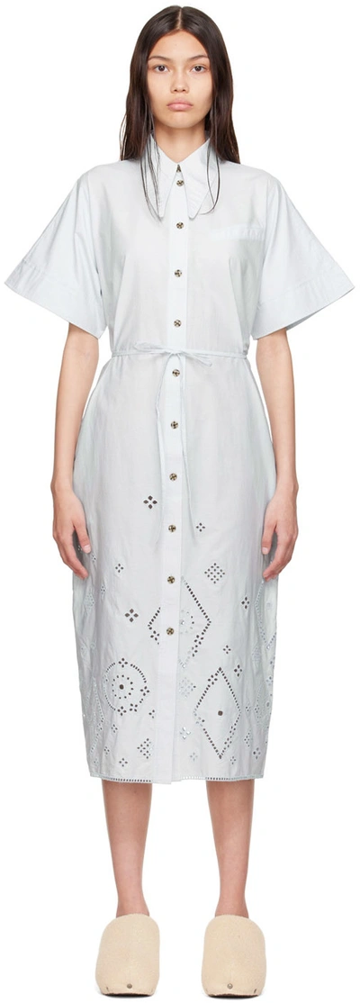 Ganni Broderie Anglaise Midi Shirt Dress In Illusion Blue