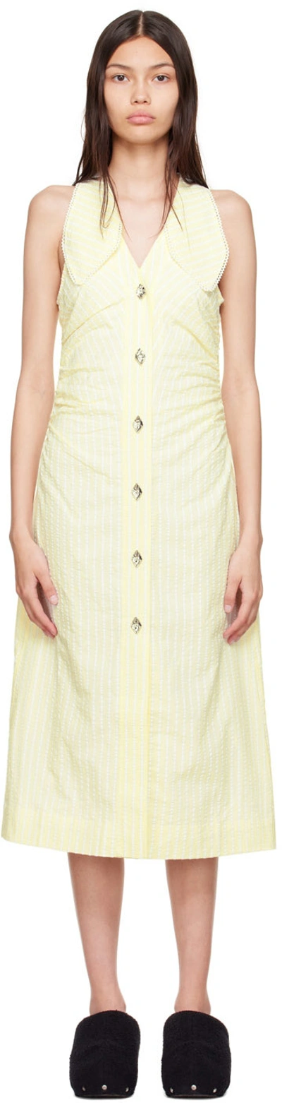 Ganni Seersucker Ruched Button-front Collared Midi Dress In Stripe Flan