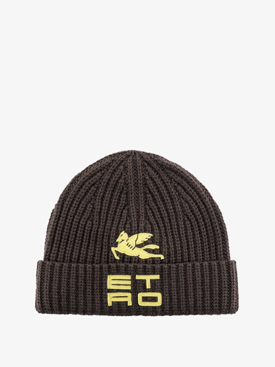 Etro Wool Knit Hat Featuring The Cube Logo In Green