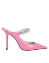 JIMMY CHOO MULES BING 100 IN PINK LEATHER WITH CRYSTAL STRAP