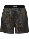 Tom Ford Velvet-trimmed Camouflage-print Stretch-silk Satin Boxer Shorts In Green