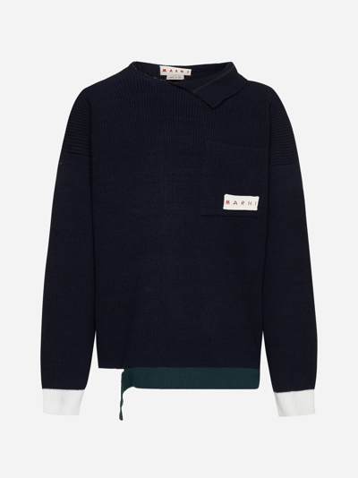 Marni Deconstructed Ribbed-knit Wool-blend Sweater In Blue