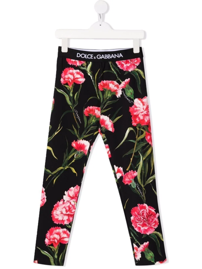 Dolce & Gabbana Kids' Girl's Rose-print Logo Leggings In Black