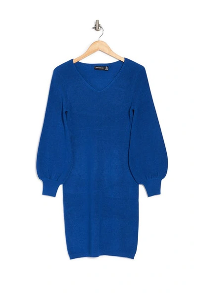 Nina Leonard V-neck Balloon Sleeve Sweater Dress In Classic Blue