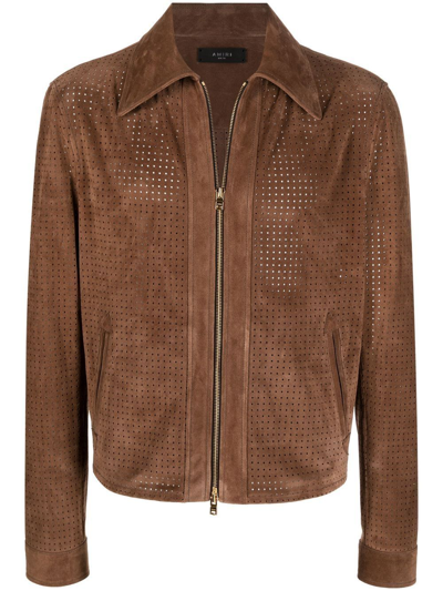 Amiri Men's Perforated Suede Zip-up Jacket In Brown