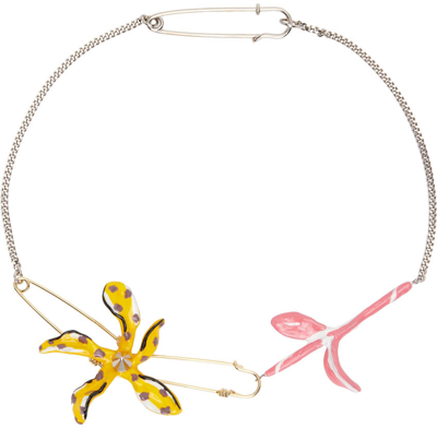 Marni Silver Flower Safety Pin Necklace In Sun