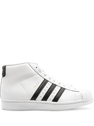 Adidas Originals Pro Model Hi Top Trainers In White Leather In White/black/white