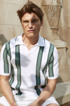 Reiss | White/sage Ricco Open Collar Striped Polo T-shirt In White/sage