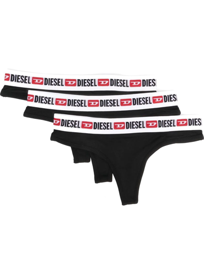 Diesel Pack-of-three Logo-waistband Thongs In Black