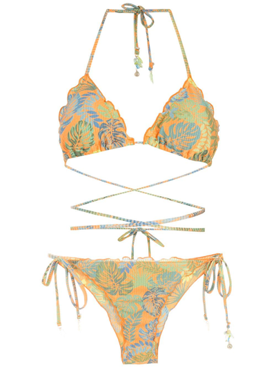 Amir Slama Palm Leaf Print Triangle Bikini In Orange