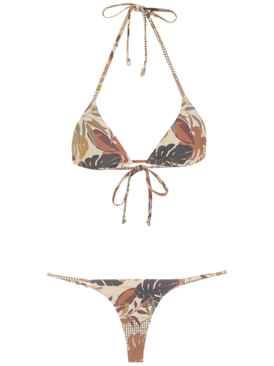 Amir Slama Palm Leaf Print Bikini In Neutrals