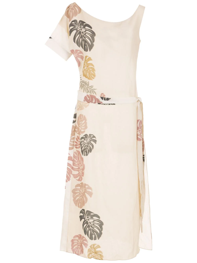 Amir Slama Palm Leaf Print Asymmetric Dress In Neutrals