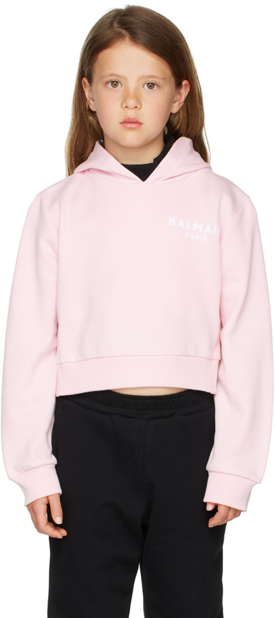 Balmain Kids' Logo Stripe Trim Crop Hoodie In Prugna