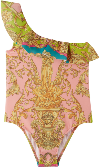 Versace Kids' Barocco Goddess One-shoulder One-piece Swimsuit In Multicolor