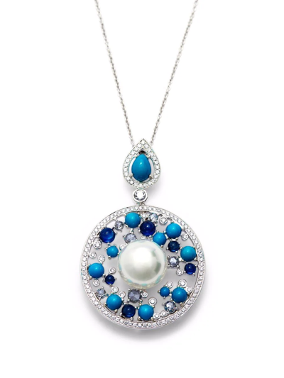 Autore 18kt White Gold Grotto Sapphire, Diamond, Turquoise And Pearl Pendant Necklace In Silver