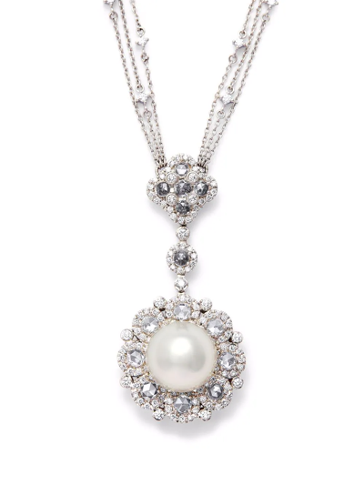 Autore 18kt White Gold Rococo Diamond And Pearl Pendant Necklace In Silver