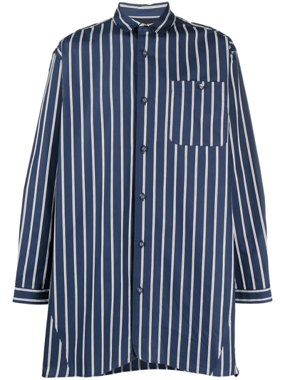 White Mountaineering Striped Oversized Long Shirt In Blue