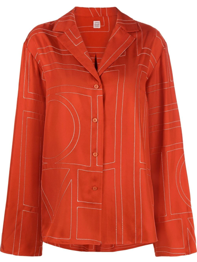 Totême Monogram-embroidered Silk-twill Pyjama Top In Orange