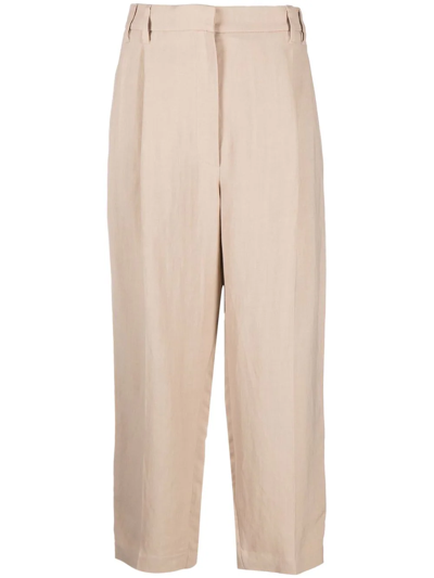 Brunello Cucinelli High-waisted Cropped Linen-blend Trousers In Neutrals