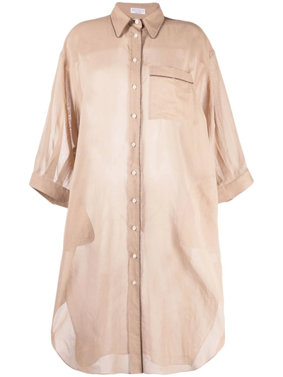 Brunello Cucinelli Monili Embellished Cotton Shirt Dress In Neutrals