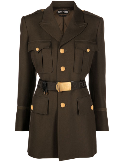 Tom Ford Single-breasted Belted Wool-blend Jacket In Green