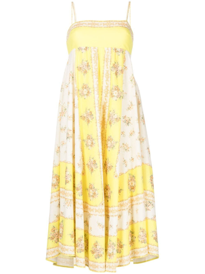 Alemais Catalina Shirred Floral-print Cotton-blend Voile Midi Dress In Yellow