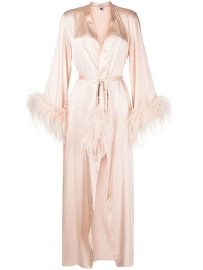 Gilda & Pearl Camille Silk And Feather Long Dressing Gown In  Oyster