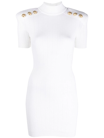 Balmain Textured Knit Mini Dress With Buttons In White | ModeSens