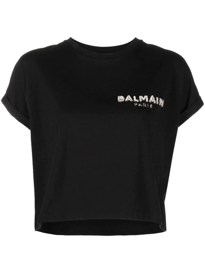 Balmain Sequin Logo Round Neck T-shirt In Black