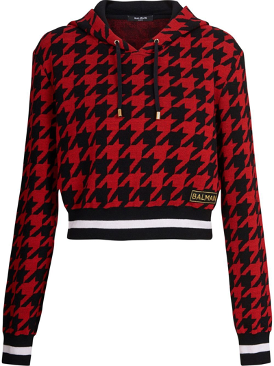 Balmain Houndstooth Cropped Hoodie In Red
