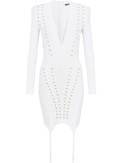 Balmain Lace-up Eyelet Bodycon Dress In White