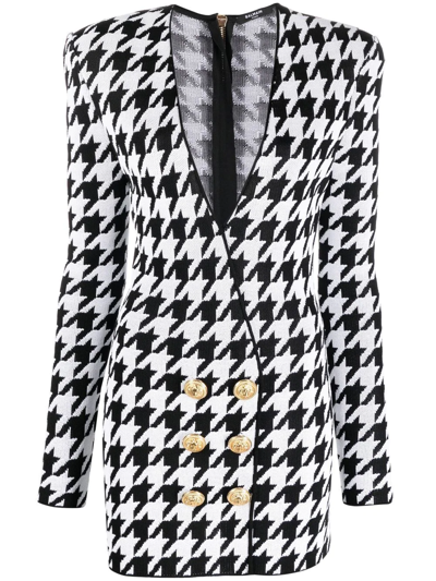 Balmain Double-breasted Houndstooth-knit Blazer Dress In White,black
