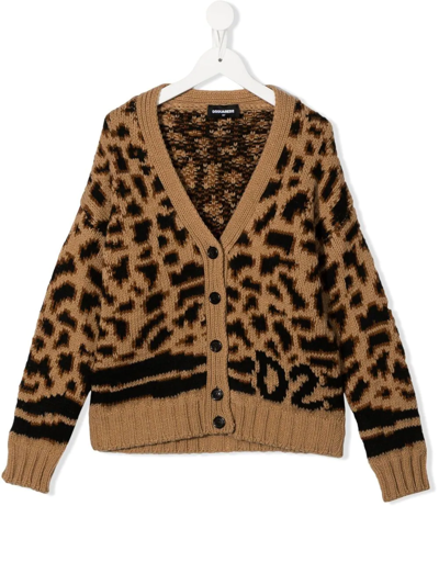 Dsquared2 Kids' Leopard-print Knitted Cardigan In Brown