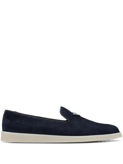 Prada Triangle-patch Suede Loafers In Blue