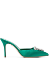 Manolo Blahnik Green Hangisi 70 Crystal Buckle Satin Mules In Green