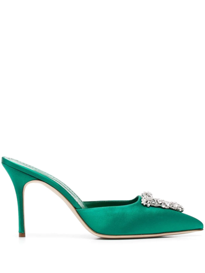 Manolo Blahnik Green Hangisi 70 Crystal Buckle Satin Mules