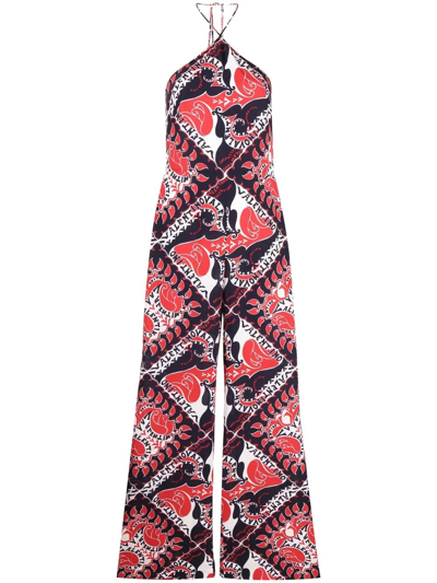 Valentino Archive Manifesto Bandana Print Silk Jumpsuit In Blue/red