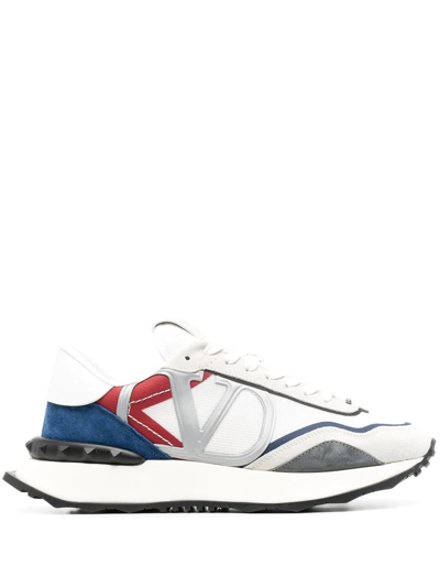 Valentino Garavani Vlogo Netrunner Suede And Mesh Mid-top Wedge Trainers In White,blue,red